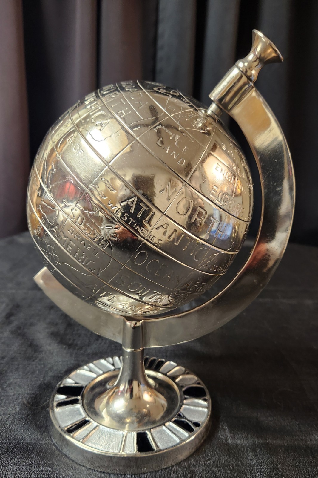 Vintage Mid Century Art Brushed Chrome Metal World Map Globe on Metal Pedestal