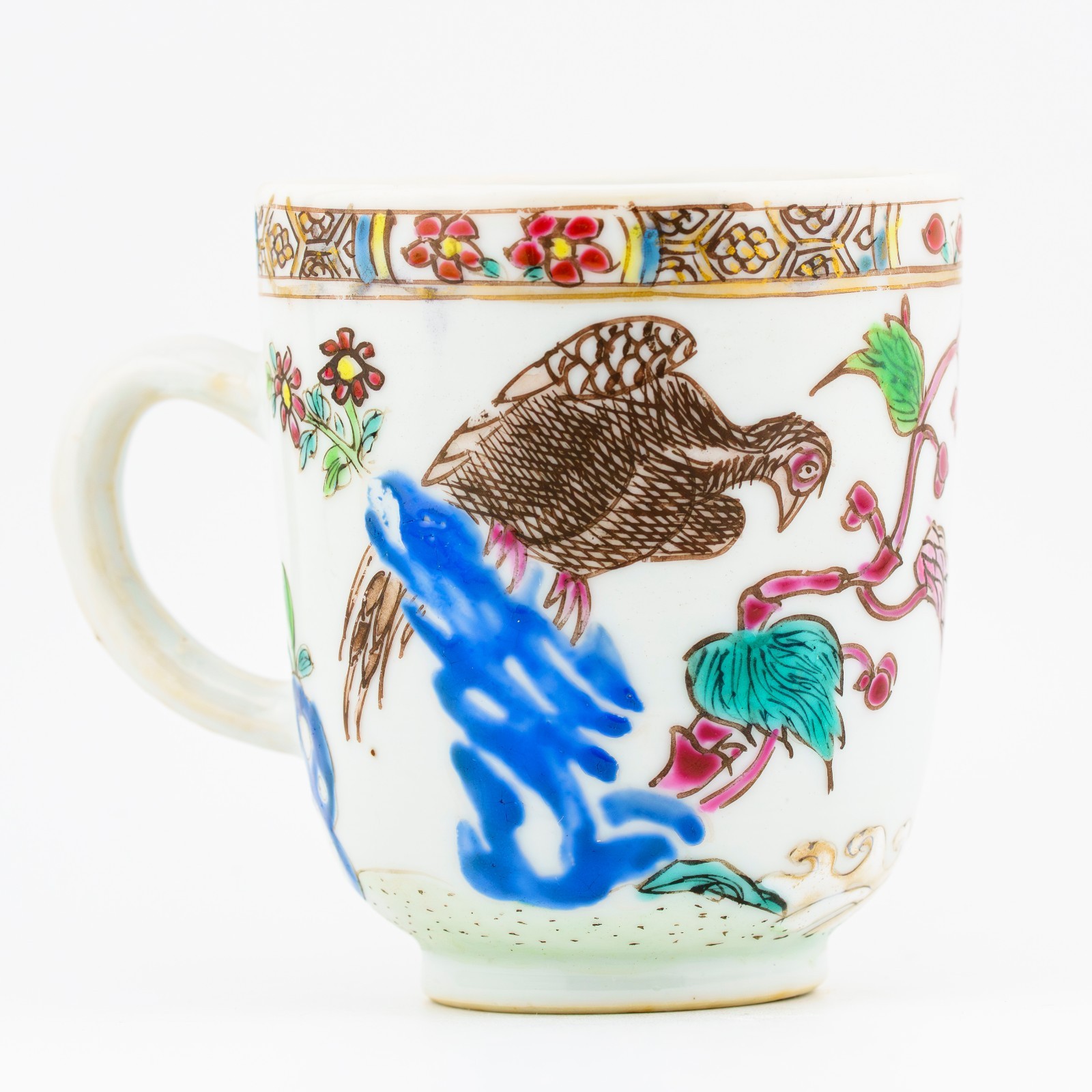 Chinese Porcelain Cup Handle Yongzheng Birds Famille Rose Gilt Peony Qing 18C