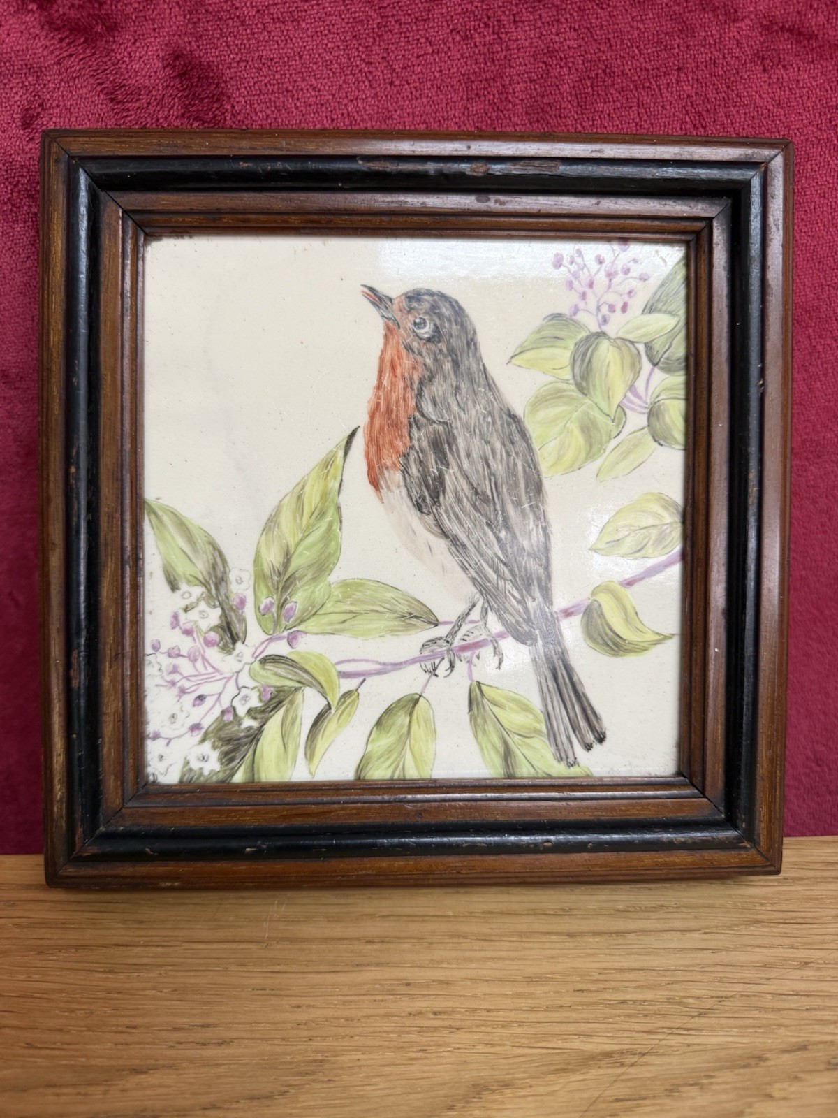 Robin teapot stand frame 8.2in square tile 6in sq Antique framed tile