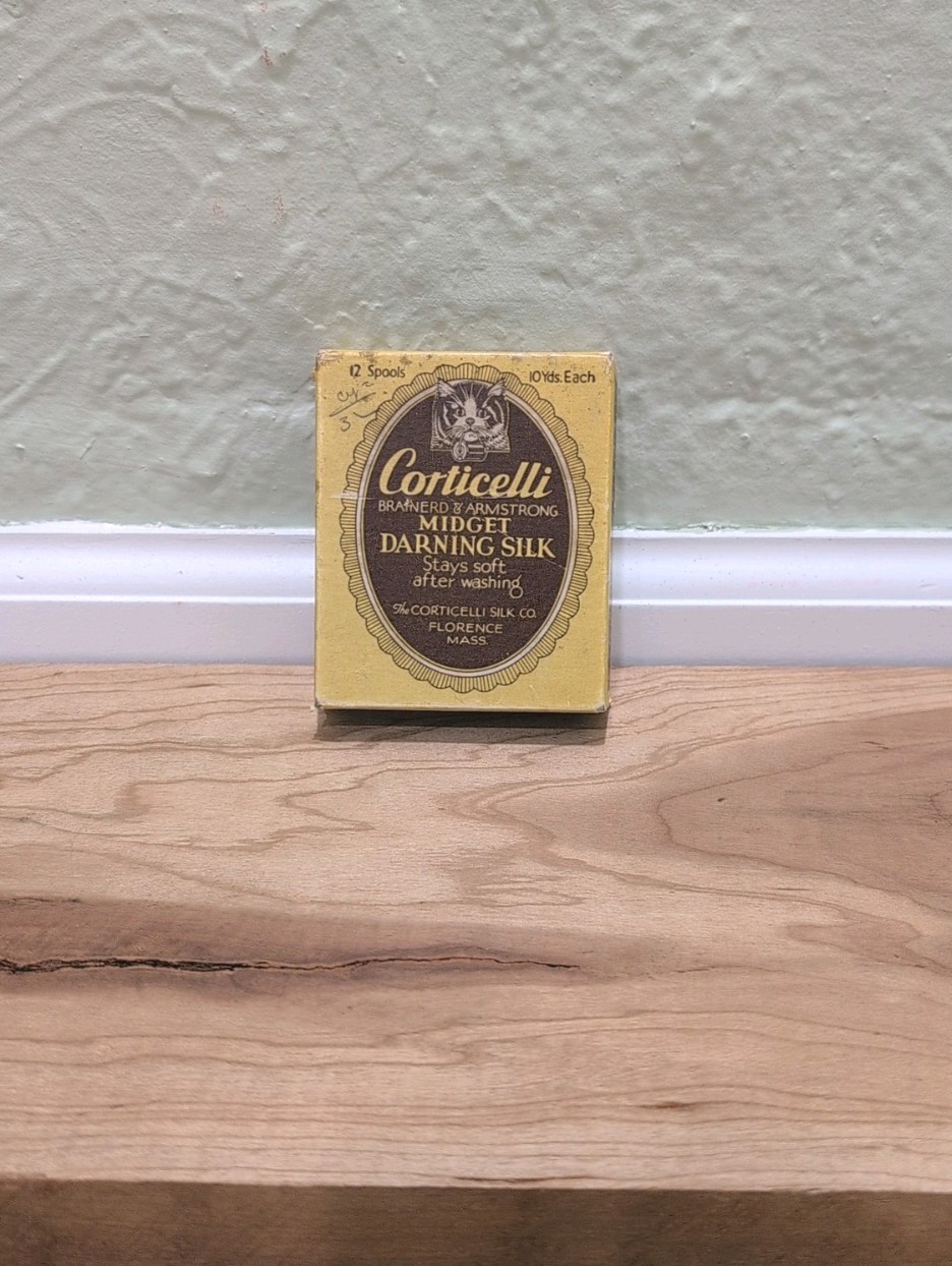 Antique Corticelli “Midget Darning Silk” Box & Nine Wooden Spools (Spools Only)