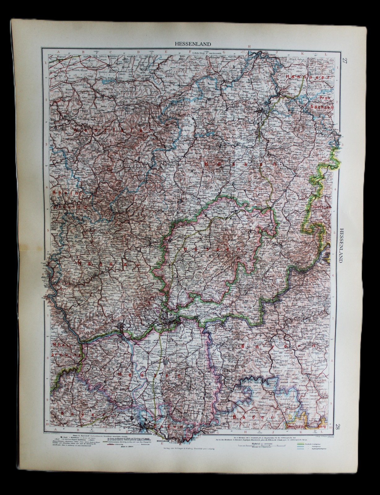 ANDREES HAND ATLAS MAP PLATE PAGE NO.27-28 HESSENLAND GERMANY 1937 VINTAGE HESSE