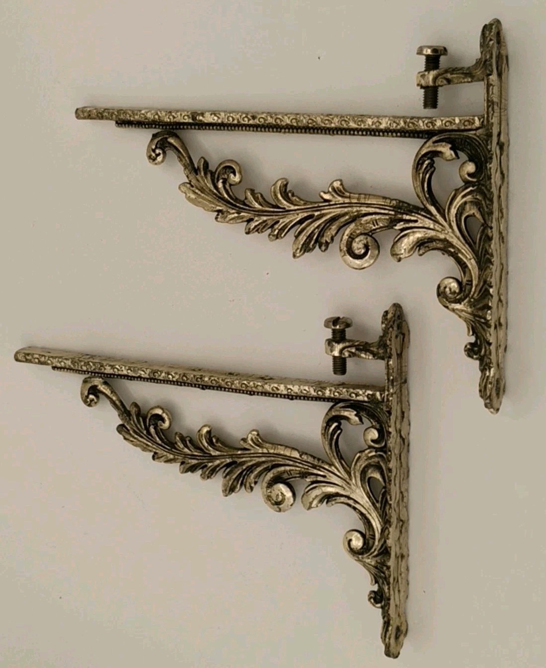 VTG Silver Toned Victorian Deco Wall Shelf L Brackets, Made In Italy, Lot Of 2