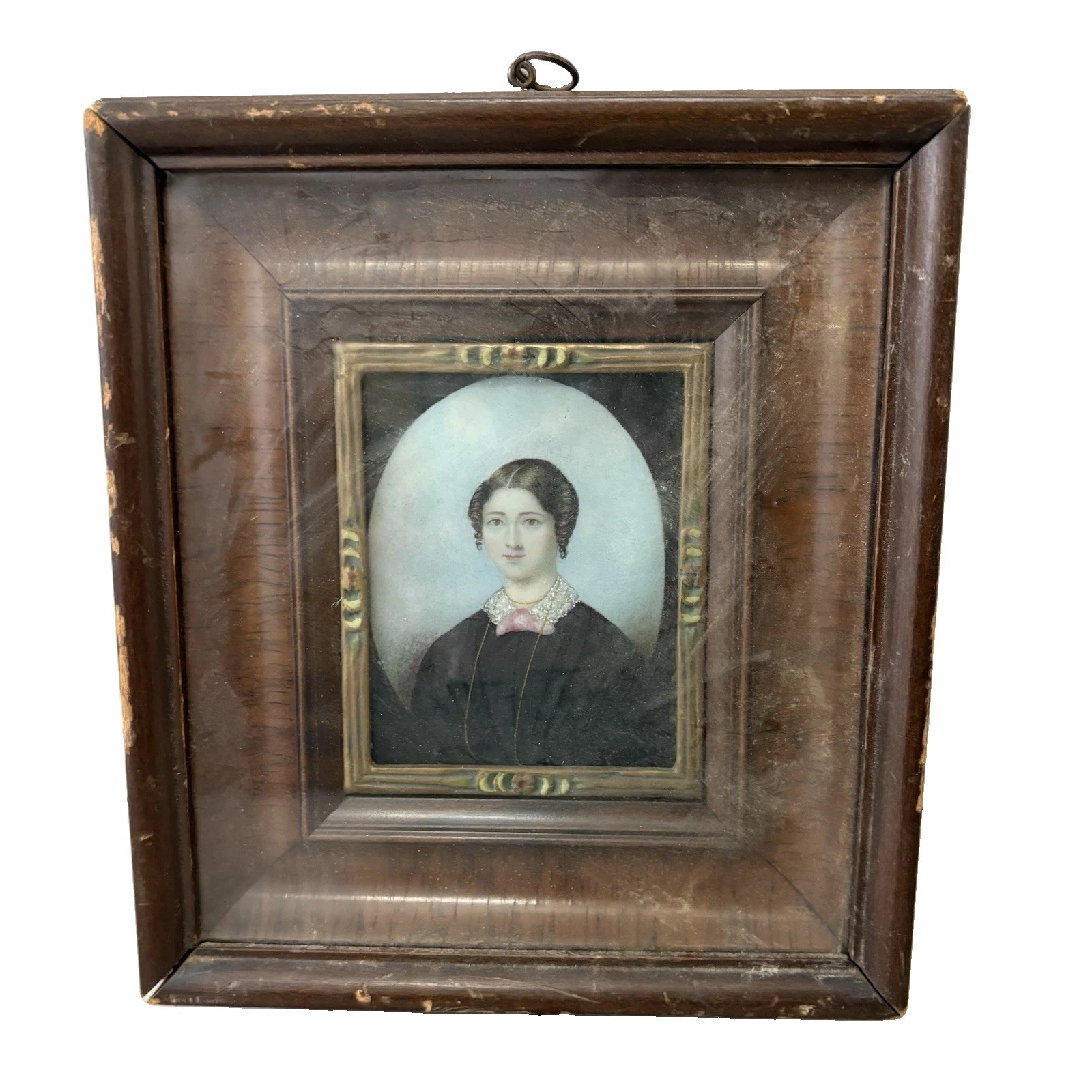 Antique American Folk Art Miniature Portrait Framed Shadowbox Mid 1800s Painting
