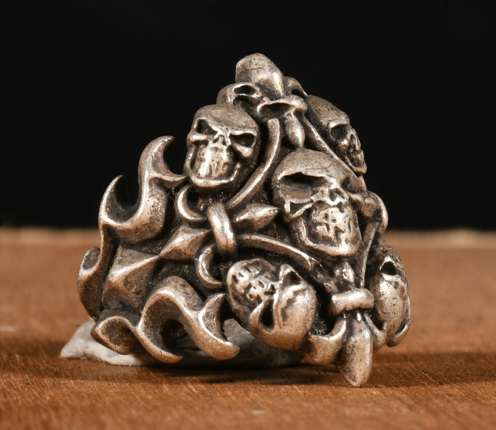2.7CM Tibet Old Silver Fengshui Cross Skull Human Skull Head Ring Finger Ring