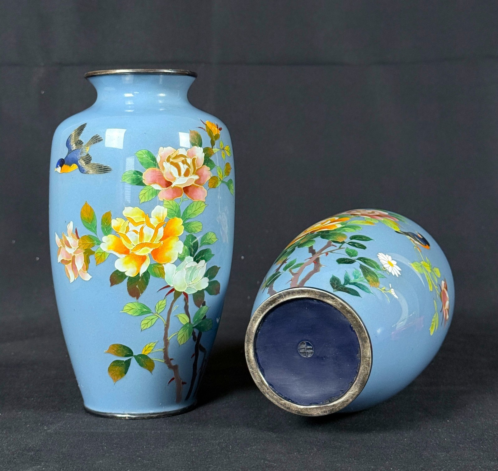 Rare Pair Hayashi Kihyoe Japanese Cloisonne Enamel Vases Silver Rim Signed 7”