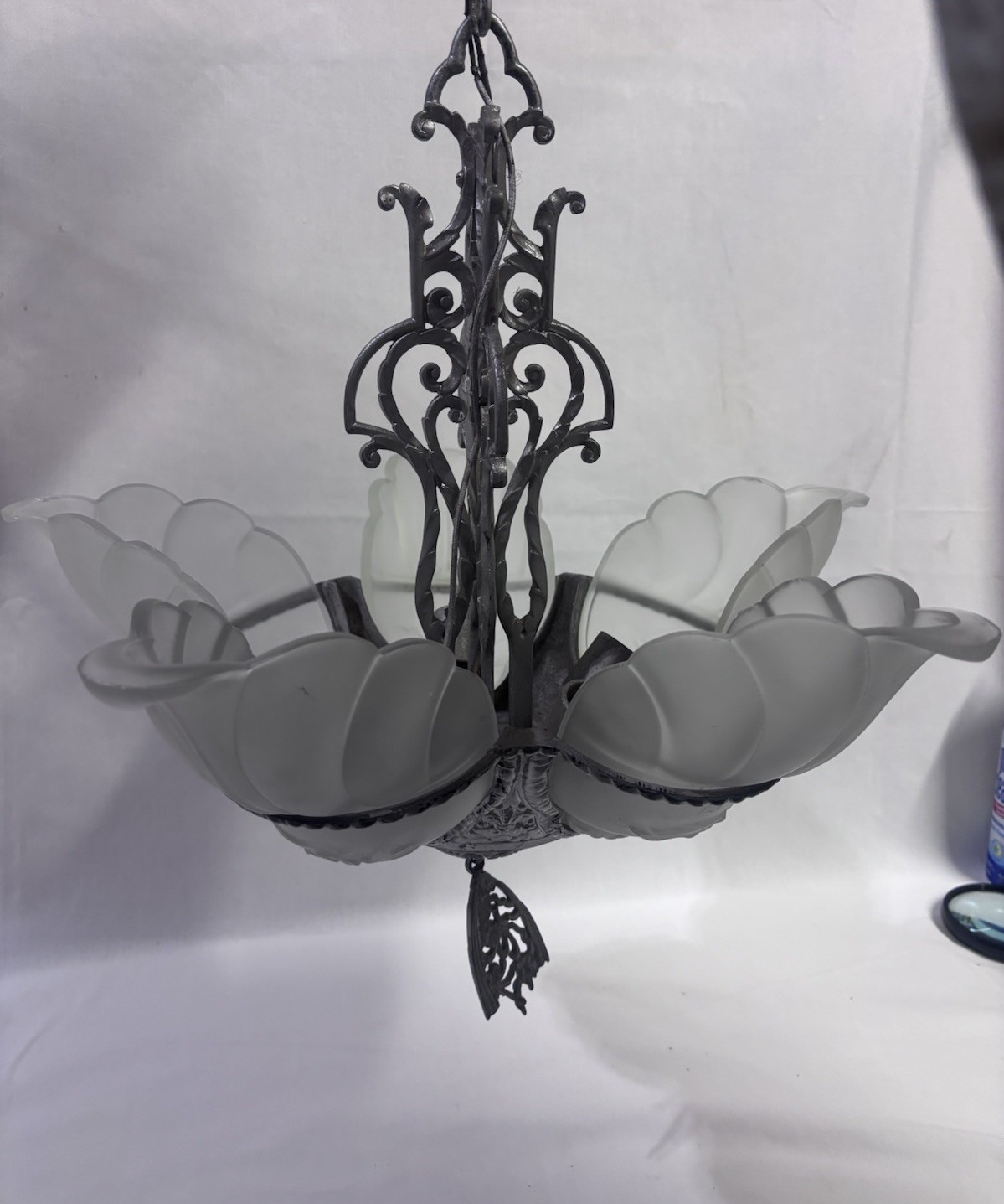 5 Light Art Deco Florentine 1920’s Slip Shade Ceiling Light Fixture Original