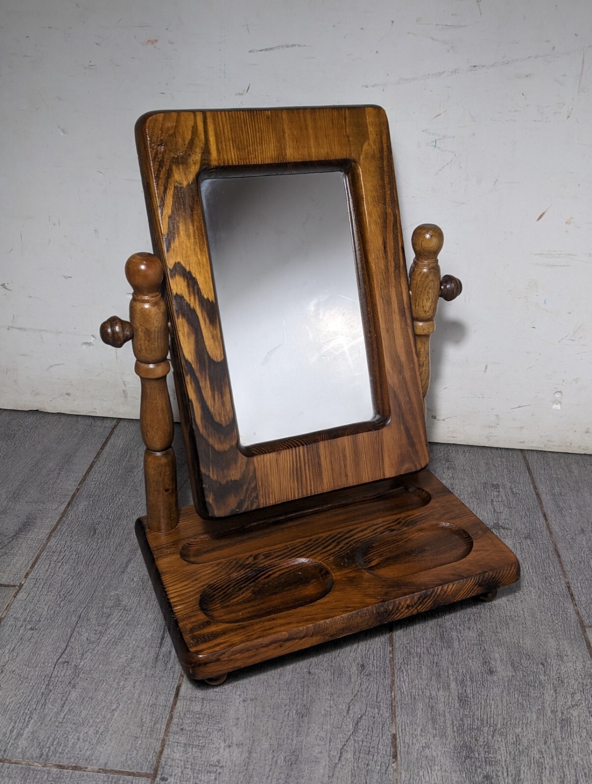 Vintage Rustic Pine Wood Tabletop Dresser Vanity Swivel Mirror Jewelry Tray