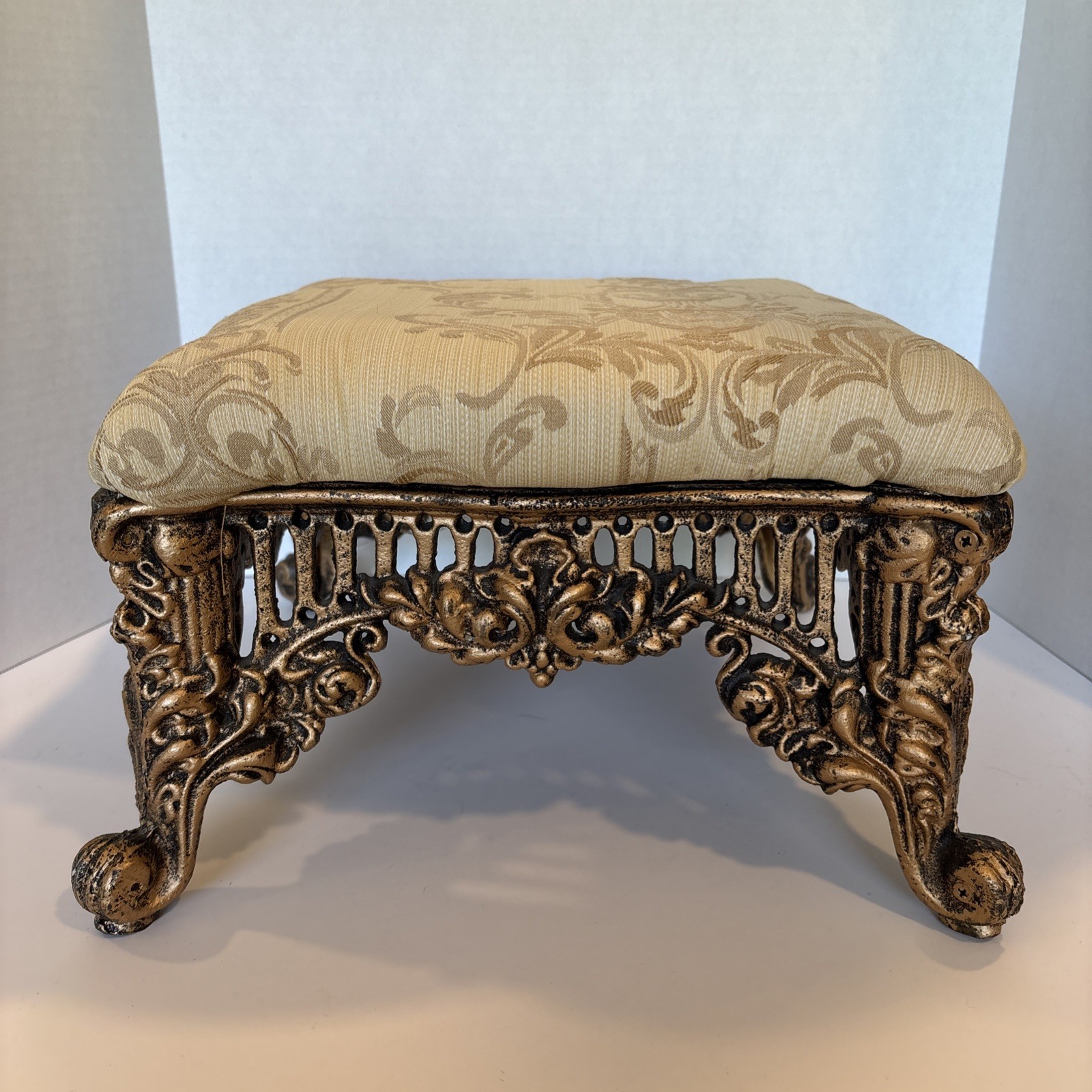 Vintage Victorian Brass-Colored Iron 14×14” Footstool W/Gold Fabric