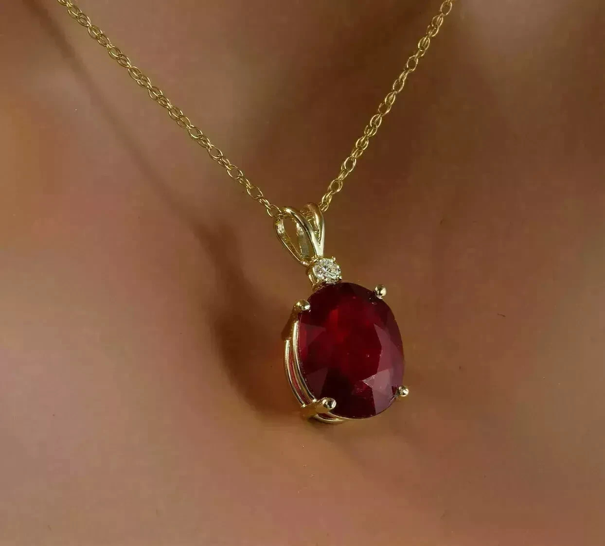 3Ct Oval Cut Red Ruby Diamond Solitaire Pendant Necklace 14K Yellow Gold Finish