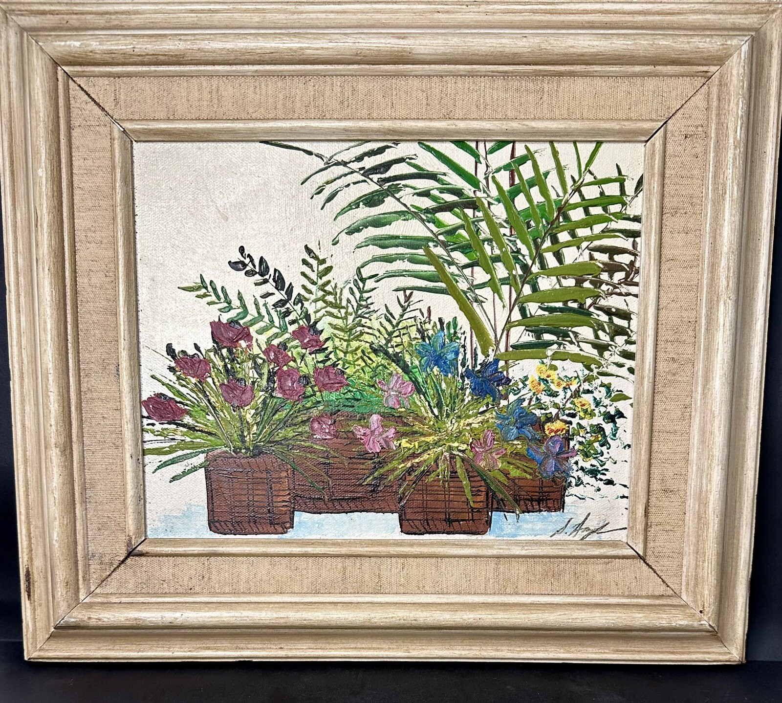 Vintage 1960’s 70’s oil painting retro boho garden housplant scene Signed