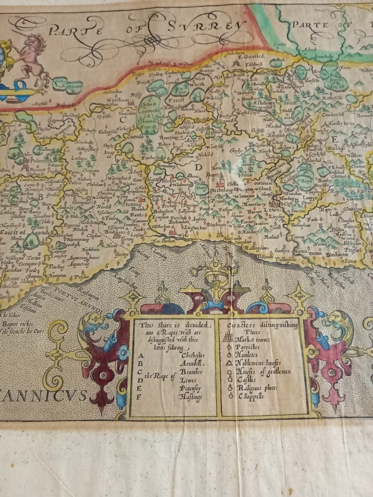 sussex,sussexia,john norden,1607, first edition, text in latin on verso