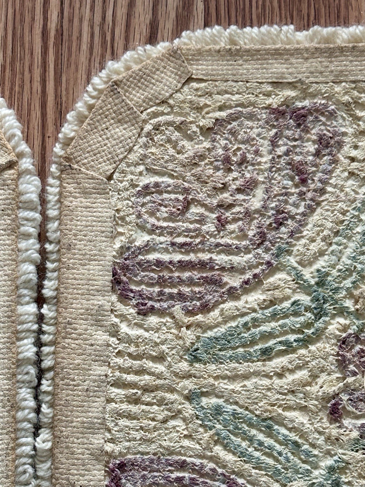 Vintage Lambs Wool Carpet Rug Squares 12″x 12″ Floral Ivory Pink Set of 2