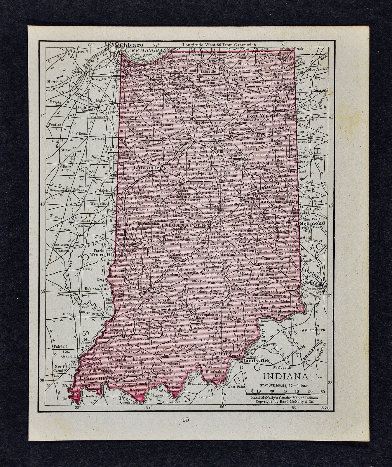 1917 McNally Map Indiana Indianapolis Evansville New Albany Fort Wayne Anderson