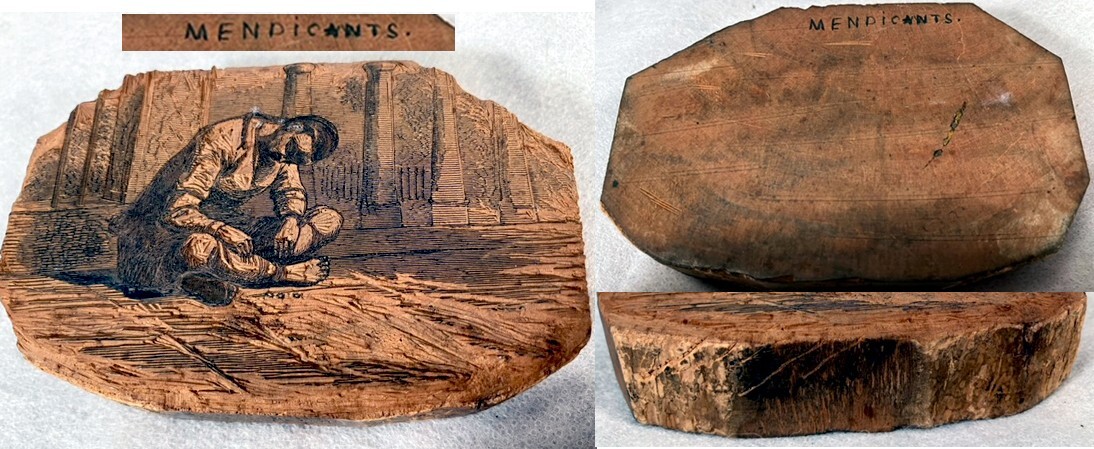 Vintage HAND CARVED Wood Engraving PRINTING BLOCK Engraved ART Ink STAMP Beggar