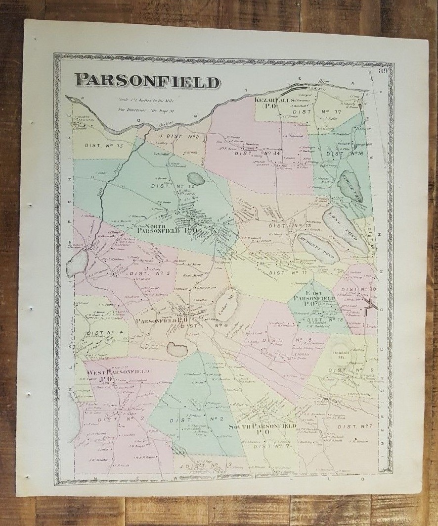 Antique Colored MAP – PARSONFIELD, MAINE – / Atlas York County, ME – 1872