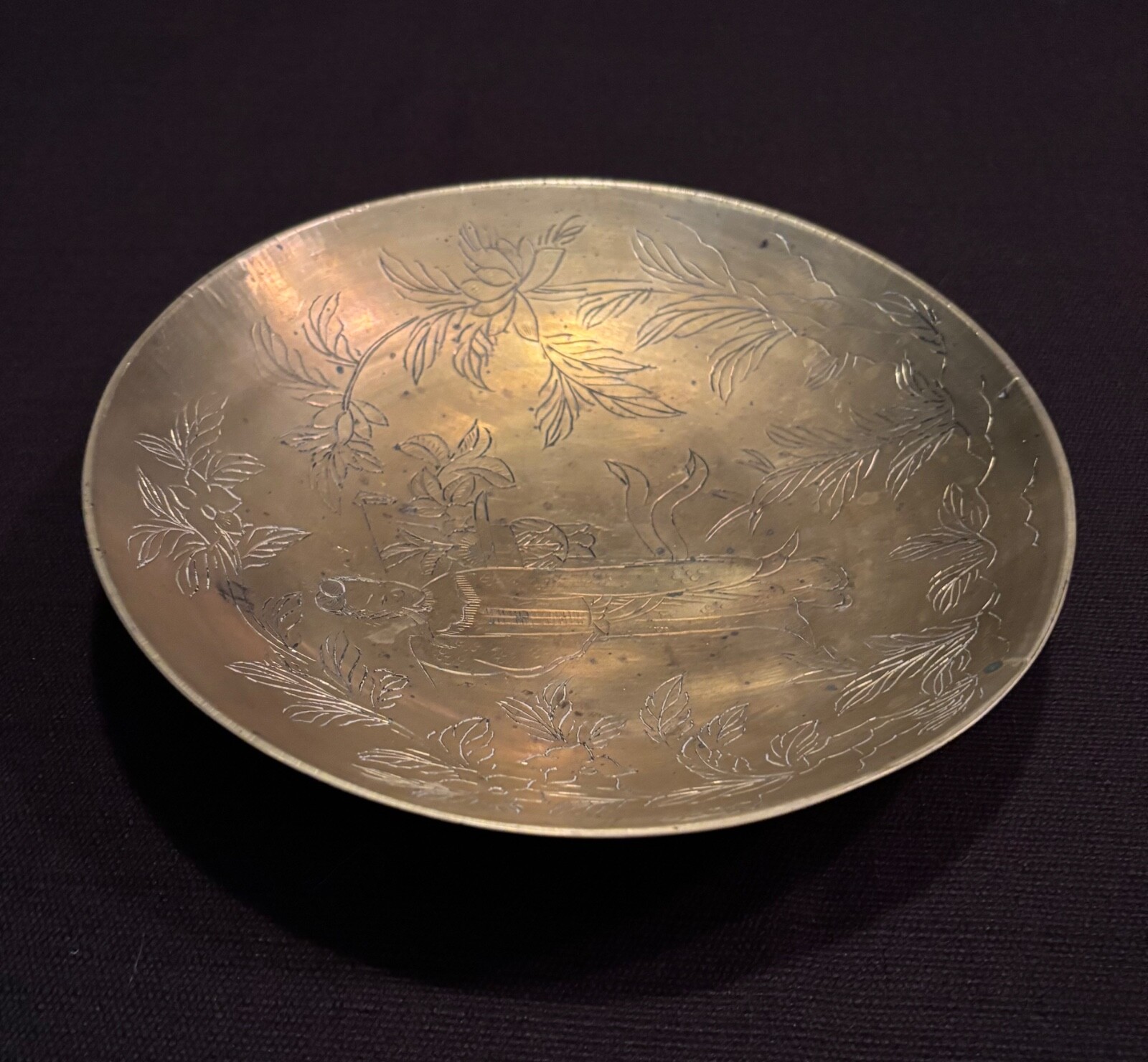Antique Chinese Shallow Brass Bowl Engraved With Flowers & Asian Figure Marked
