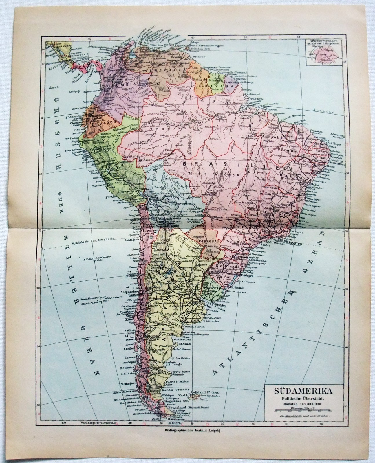 South America – Original 1923 German Language Map by Meyers. Vintage