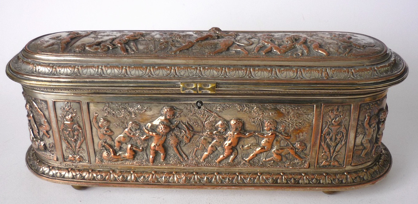Antique Leopold Oudry Signed Silver Plate Over Copper Large French Lidded Box