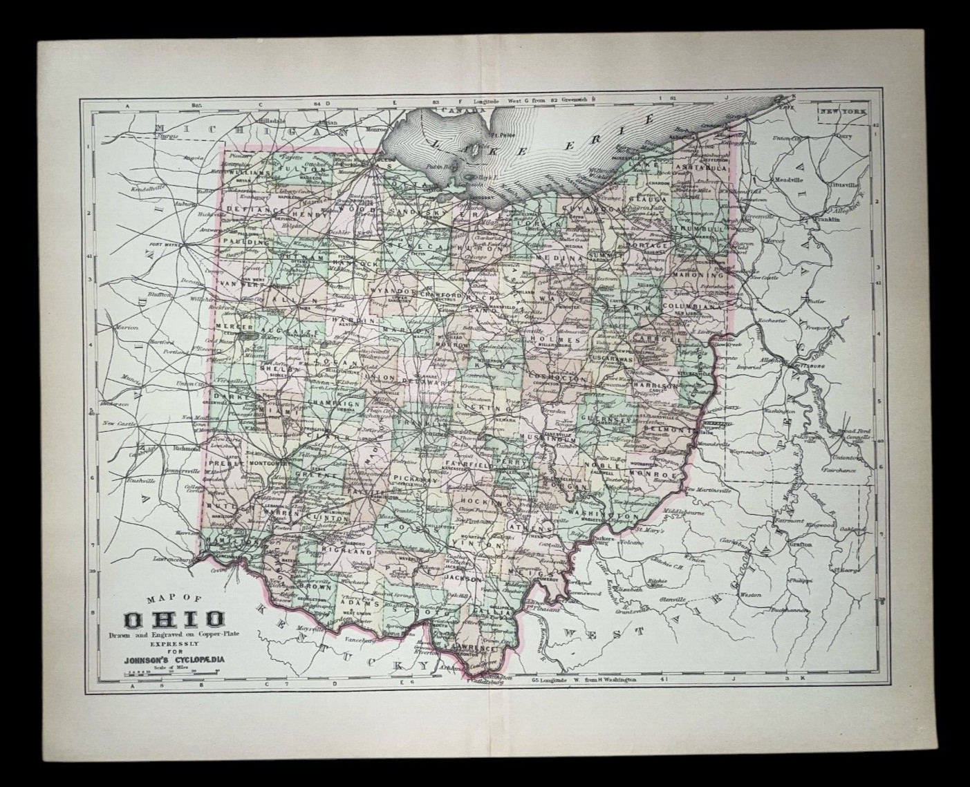 1896 RARE COLOR MAP *OHIO* UNITED STATES AMAZING COND! 14X11″ JD 92424