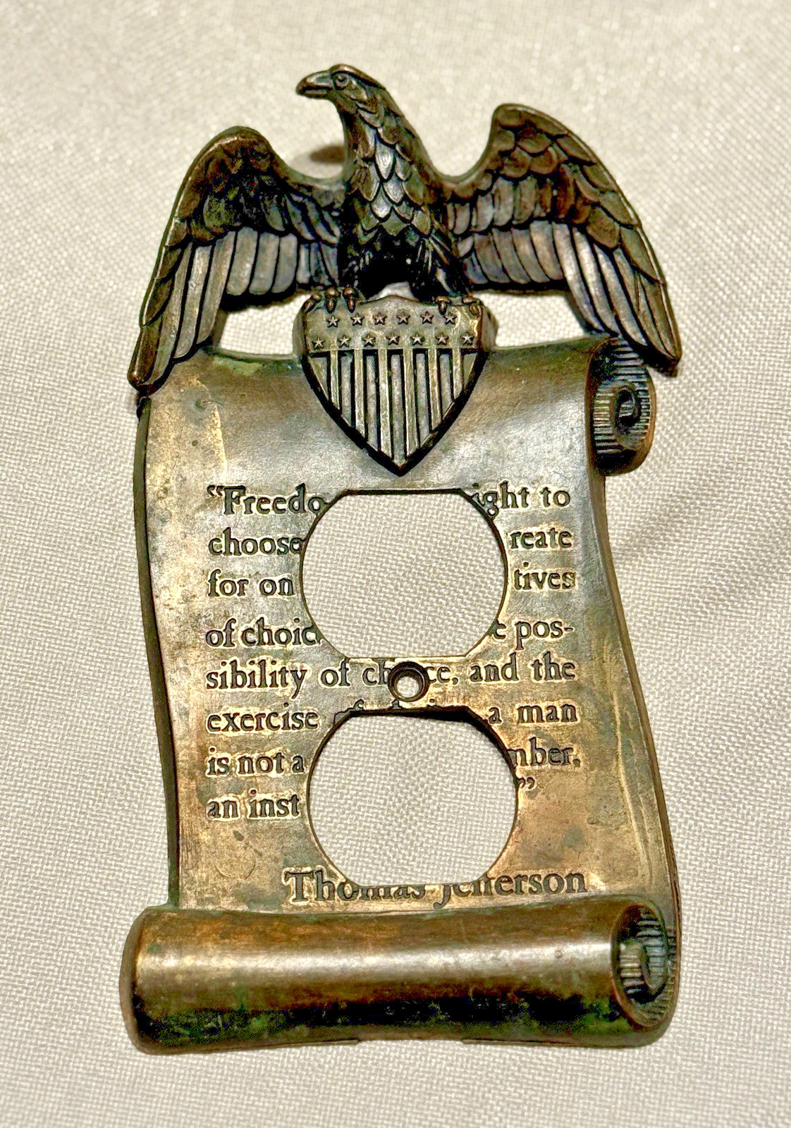 Vintage 1967 M.C. Co Cast Metal Outlet Cover Eagle & Thomas Jefferson Scroll