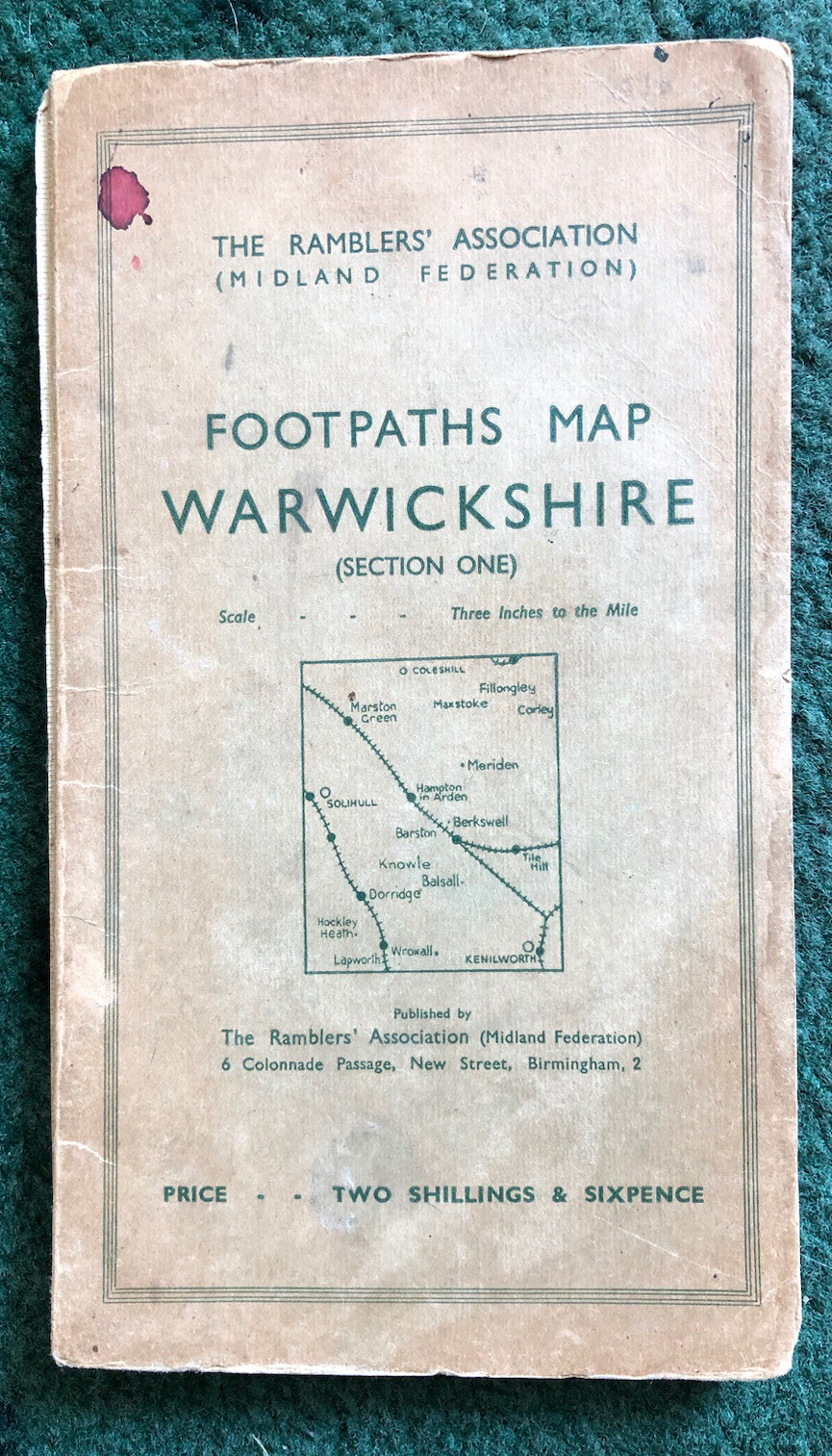 Warwickshire footpaths map, vintage, The Ramblers Association 1937