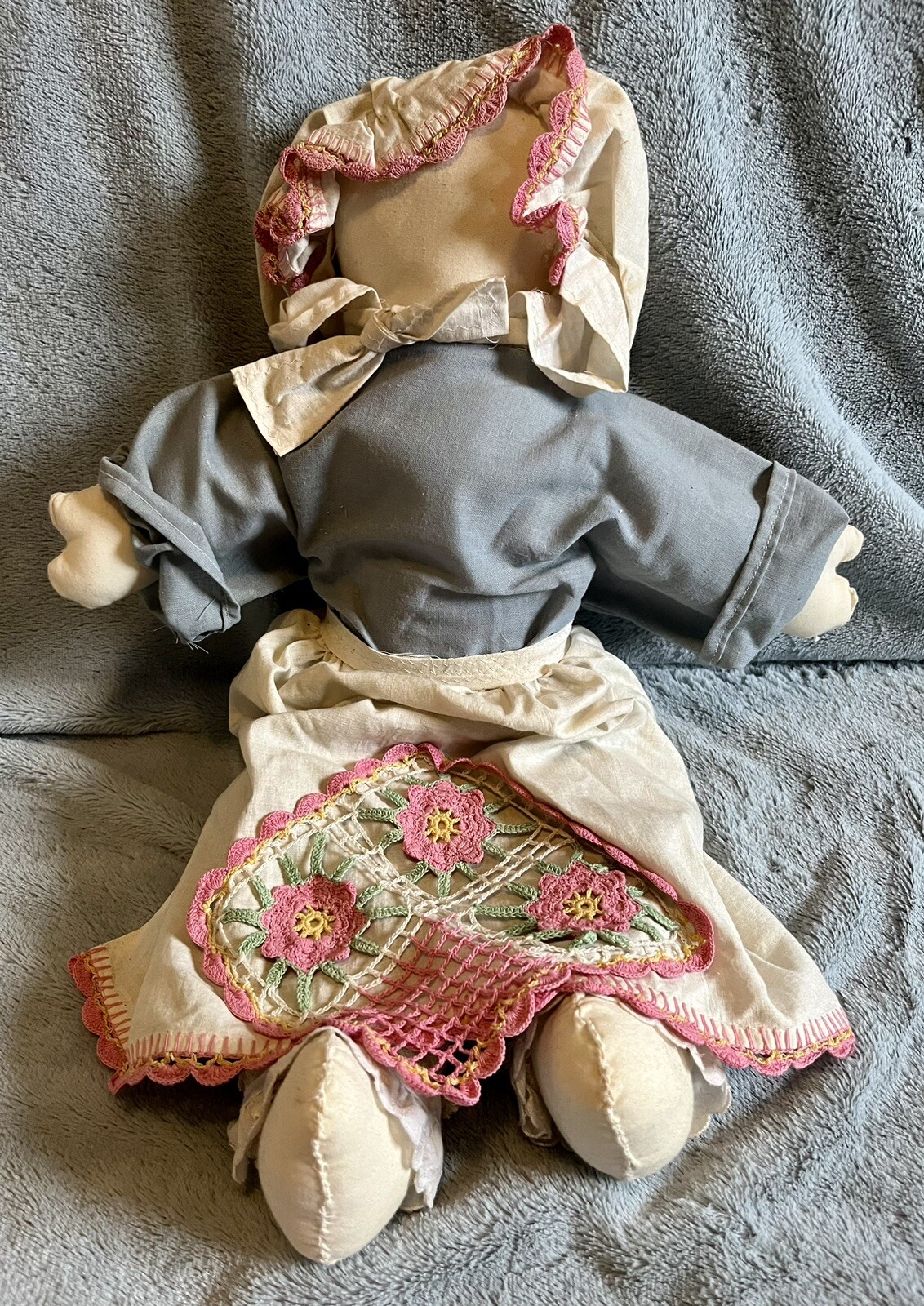 Primitive Folk Art Handmade Rag Doll No Face 19 Inch Crochet Apron Vintage