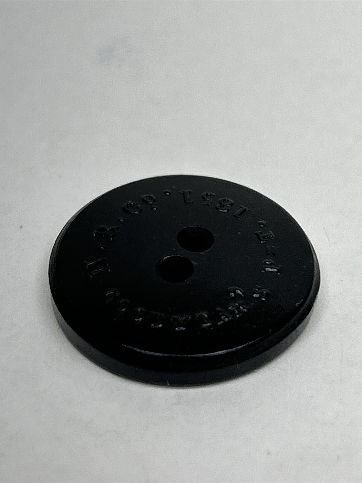 Vintage Sewing Button, Plastic, Goodyear’s P=T, 1851, N.R. Co.