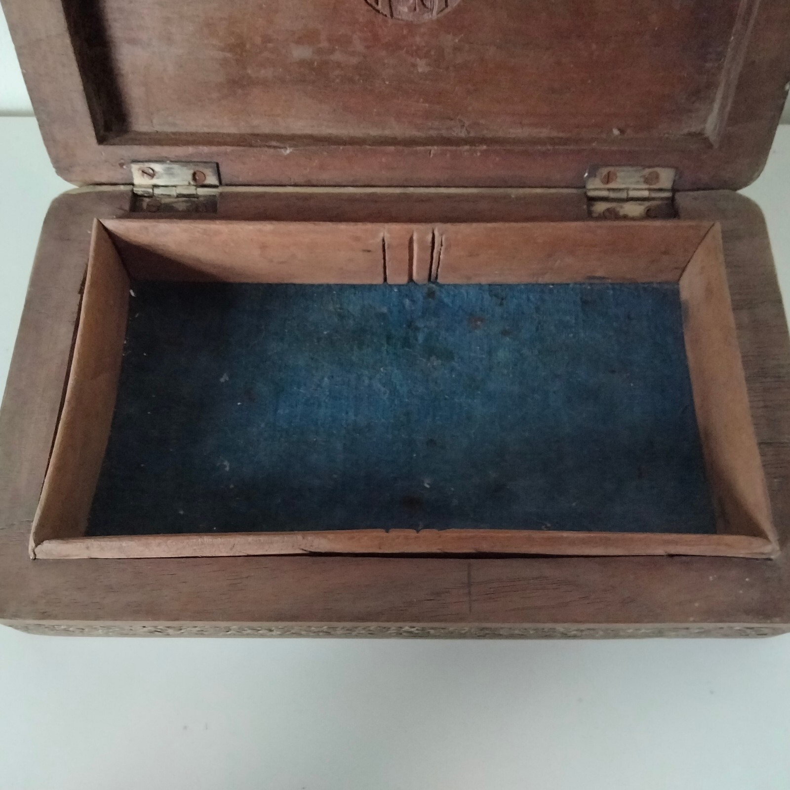 Vintage antique Indian carved wood velvet lined trinket jewellery cigarette box