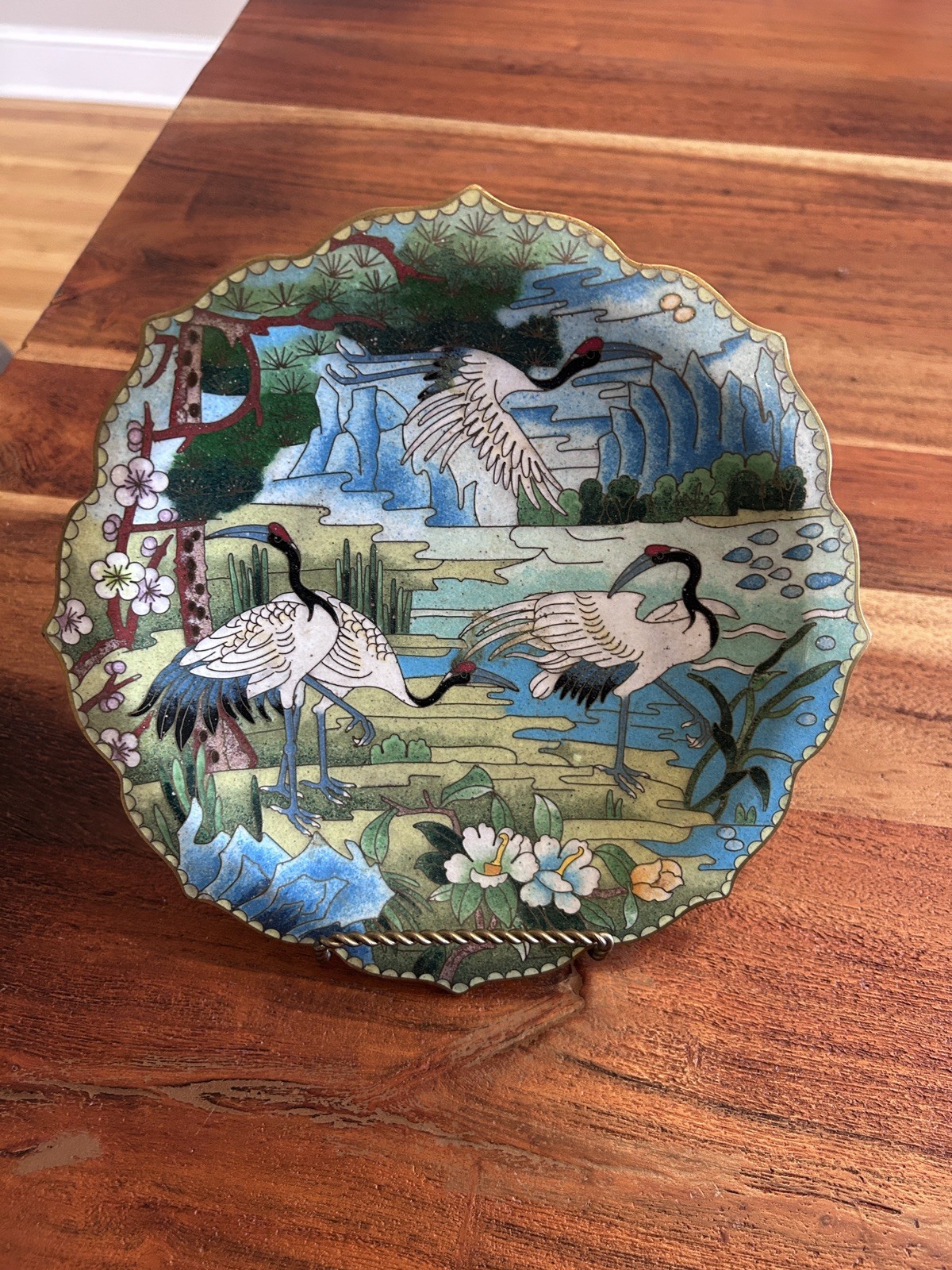 Antique Japanese Japan Cloisonne Cranes Scalloped Plate Decorated