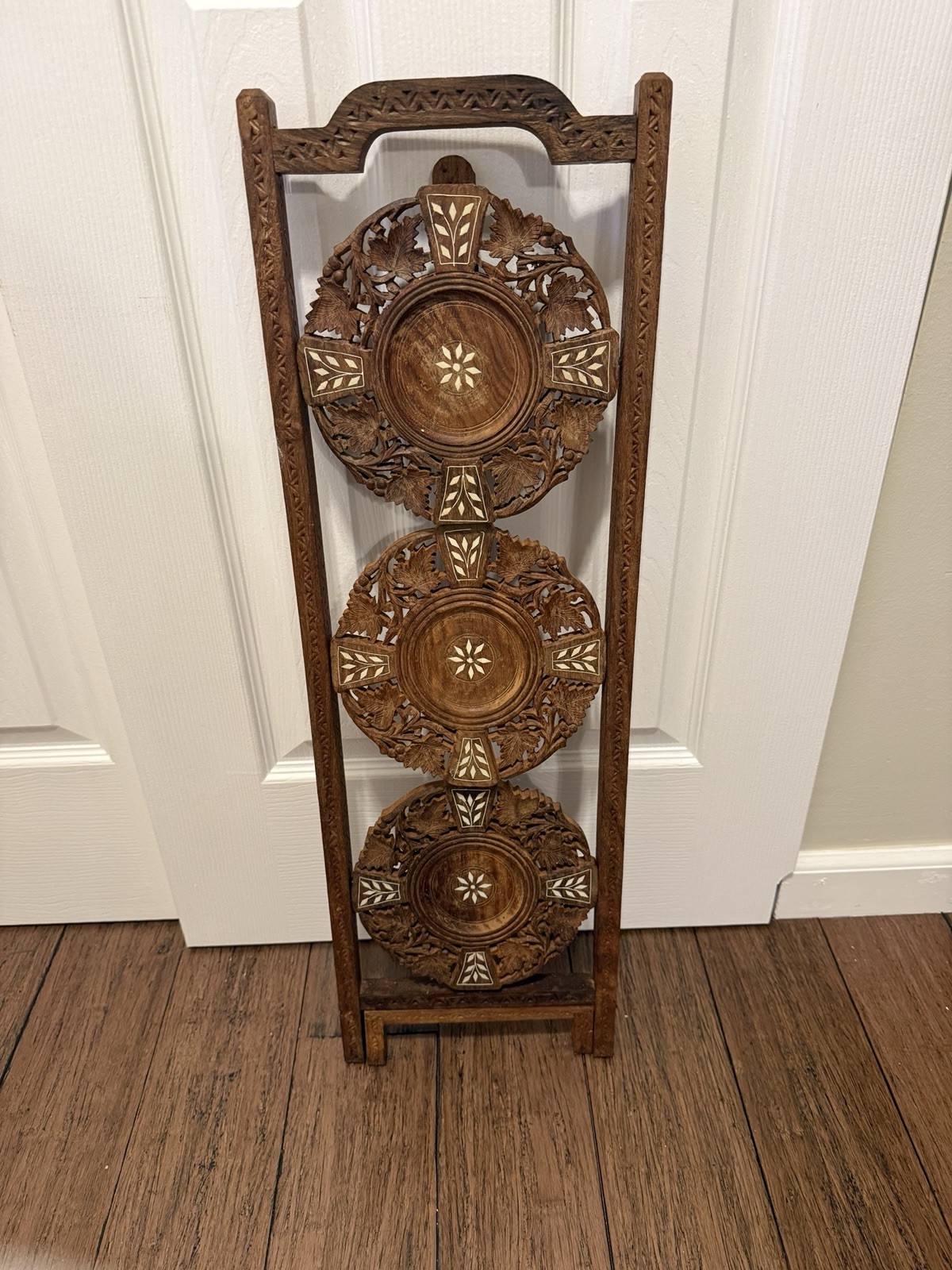 Antique Carved Wooden Folding Plant/ Cake / Plate Stand 3 Tier Pedestal Folding