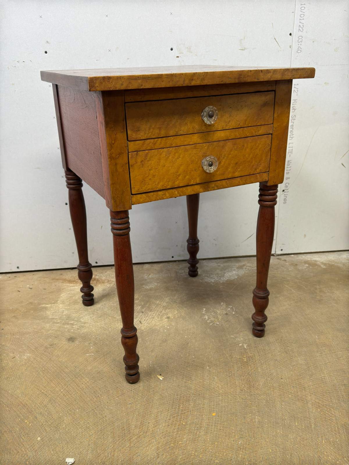 antique Birdseye maple & cherry red wash 2 drawer table stand Country Farm