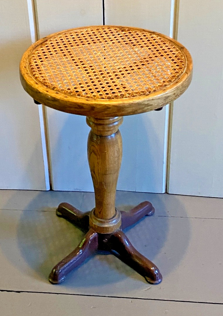 Antique Drafting Piano Bar Stool Oak Cast Iron Cane swivel chair industrial