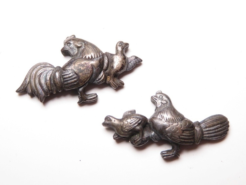 Koshirae shibuichi Edo era Japan antique Rooster Menuki Katana Fittings Antique