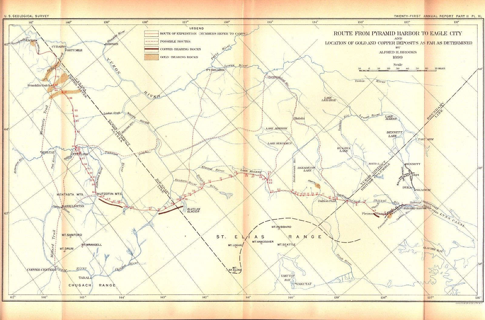 Gold Copper Deposits 1900-Route Pyramid Harbor to Eagle City Antique Alaska Map