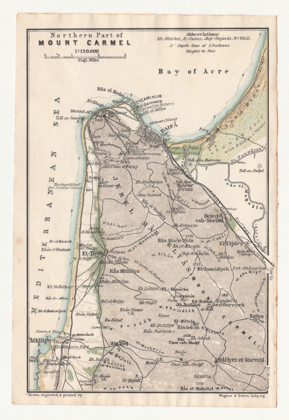 HAIFA Mount Carmel PALESTINE ISRAEL ORIGINAL Vintage Antique map 1912