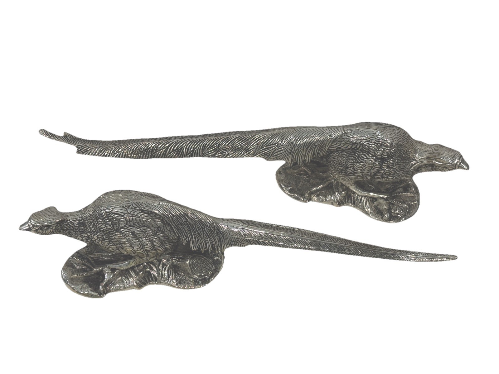 Pair Antique Victorian Silver Plated Bronze Pheasants Table Ornaments/Sculptures