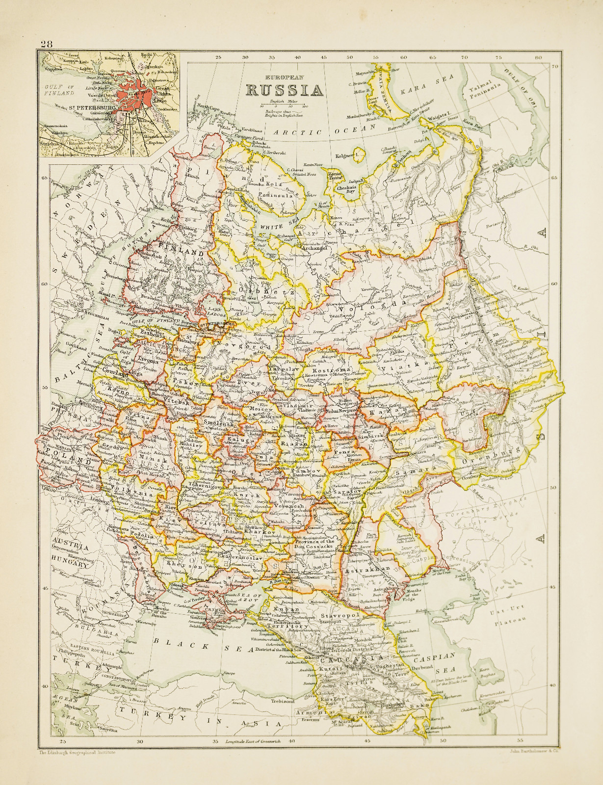 1891 Map of Russia by John Bartholomew with St. Petersburg Insert