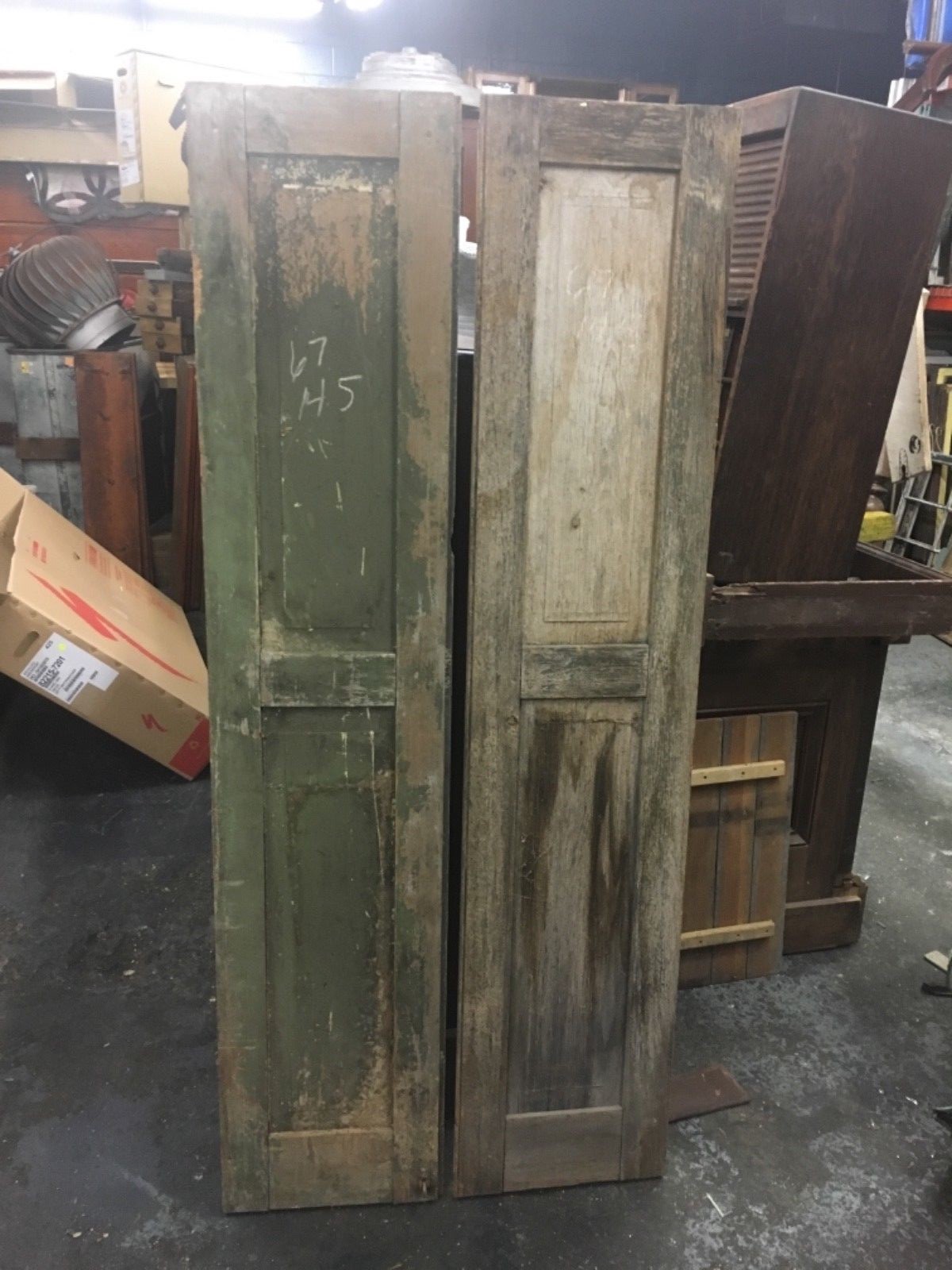 PR c1840-50 PANELED house shutters forged hardware GREAT patina 67 x 14″ x 1 1/8