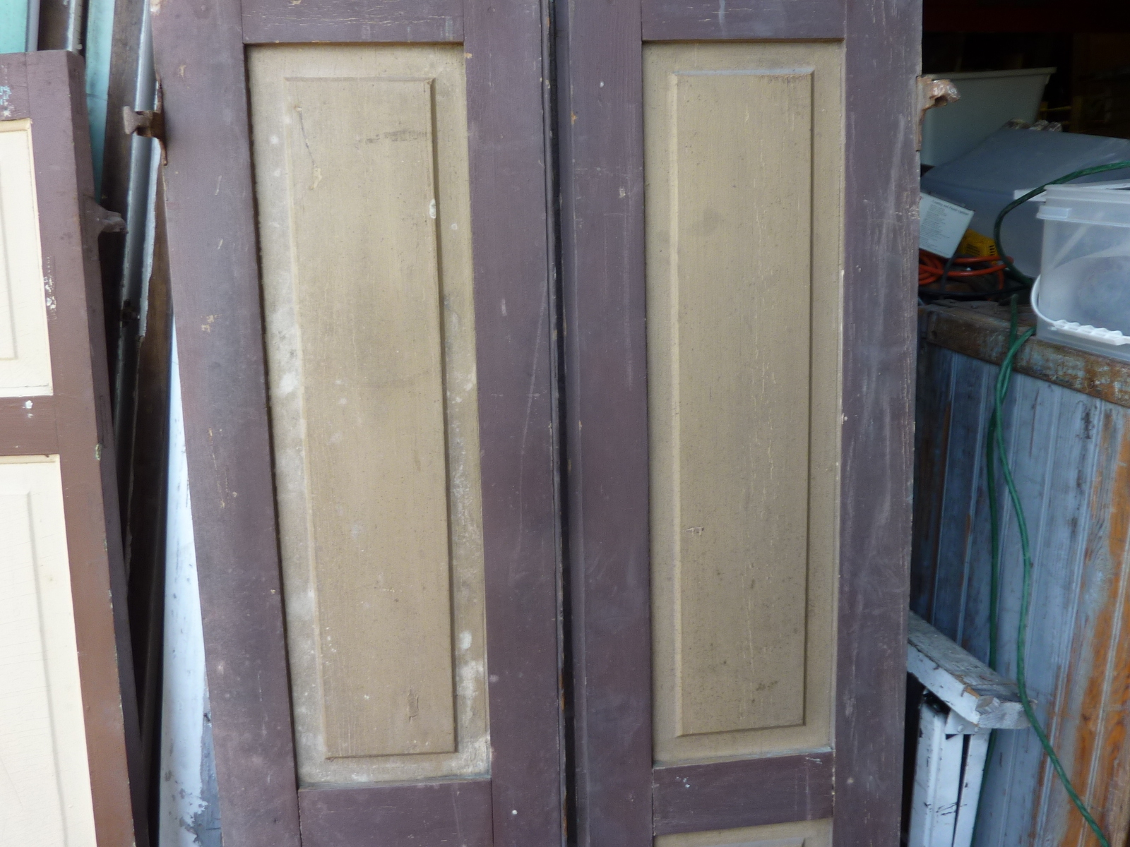PaiR c1840-50 PANELED house shutters OLD hardware BROWN paint 65″ x 14″ x 1 1/8