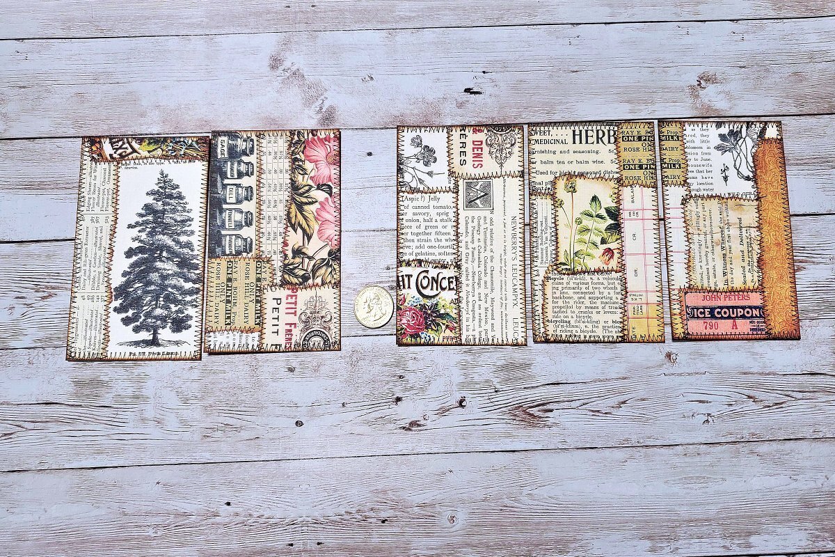 5~Vintage Style~Ephemera~Faux Stitched~Junk Journal~Linen Cardstock~Cards