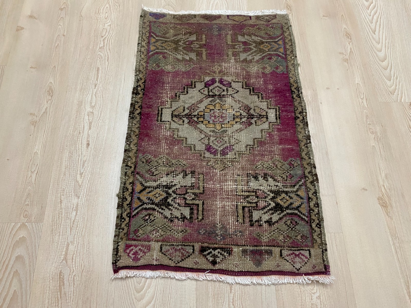 Vintage Turkish Small Pink Rug 1.7×2.7 ft Faded Wool Tribal Doormat Carpet