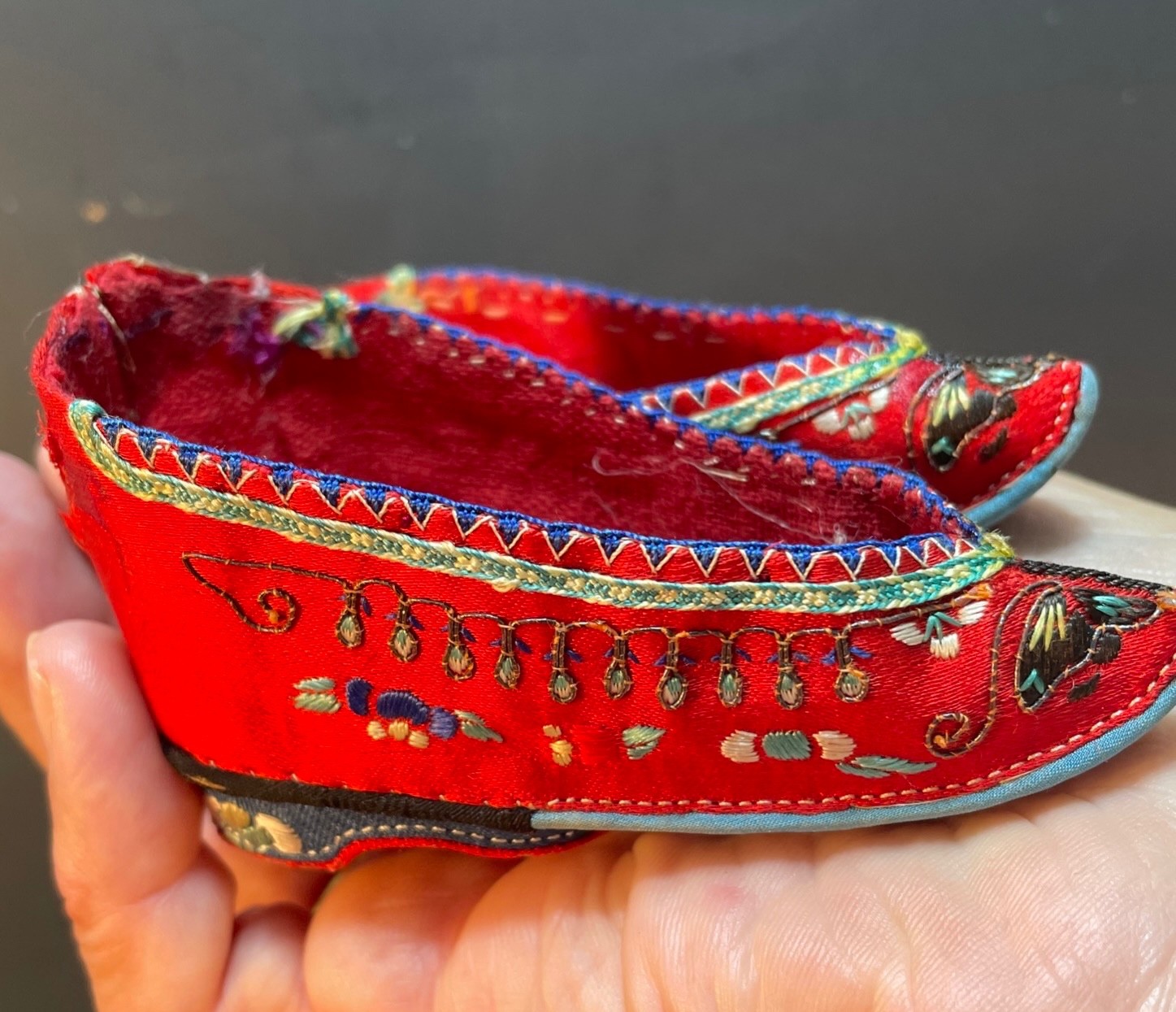 Pair Antique Chinese Silk Embroidered Golden 3.5 inch Lotus Shoes Bound Feet