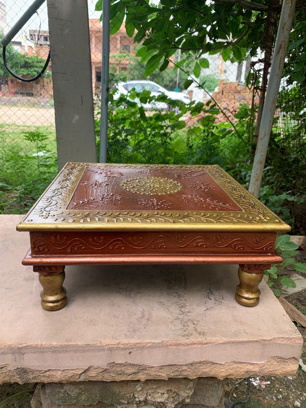 Embossed Wooden Bajot Home Decor Antique Chowki Table Top Bench Pooja Stool