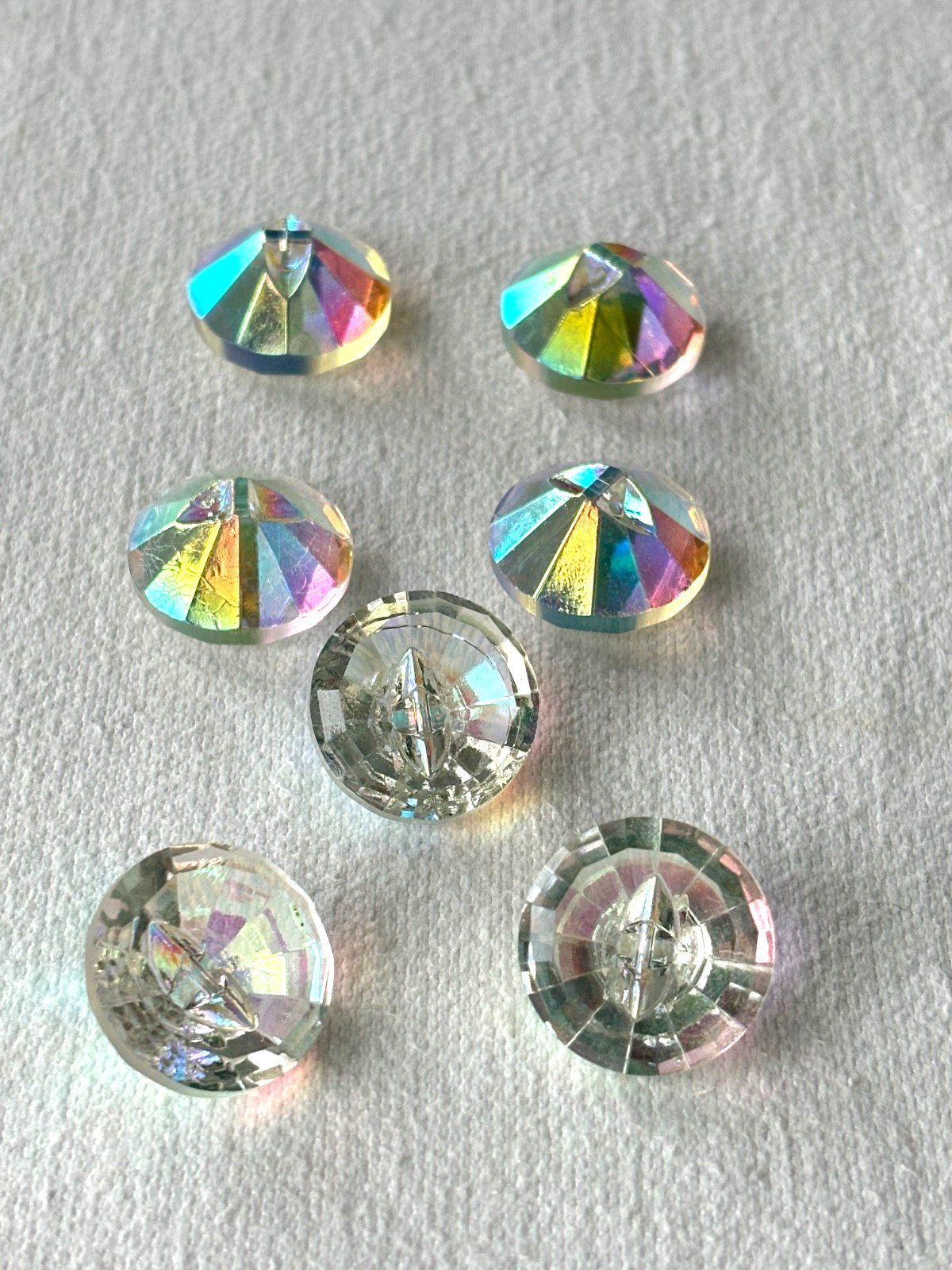 Lot of 6 Vintage Aurora Borealis Crystal Glass Lucite Buttons, Round Cone Prism