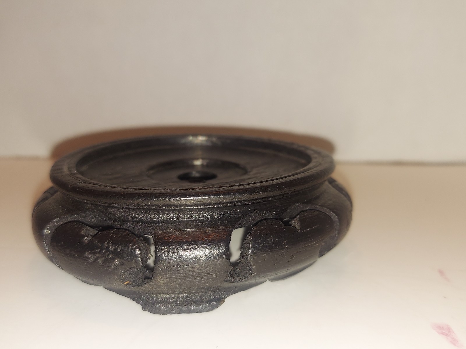 3.5″ Antique or Vintage Chinese Carved Wood Vase, Candle Or Bowl Stand