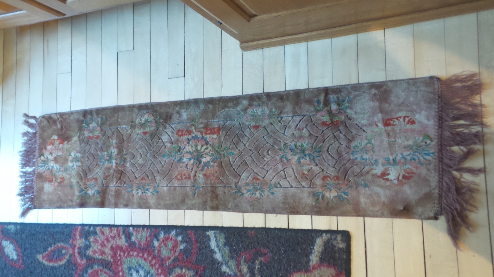 Antique Velvet Tapestry RUNNER, FRINGED, Multi-Color, Sculpted, Brownish-Gold 45