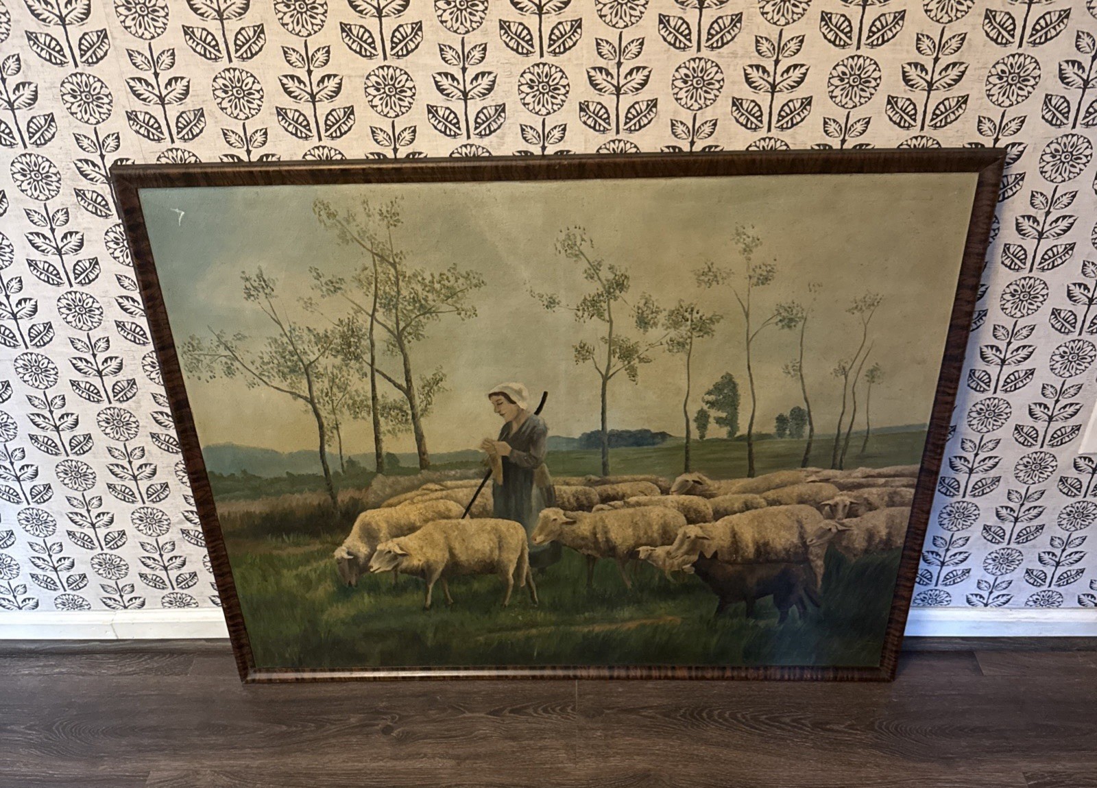 Antique Original Oil Painting Late 19th Century Sheep Pastor Framed Wood