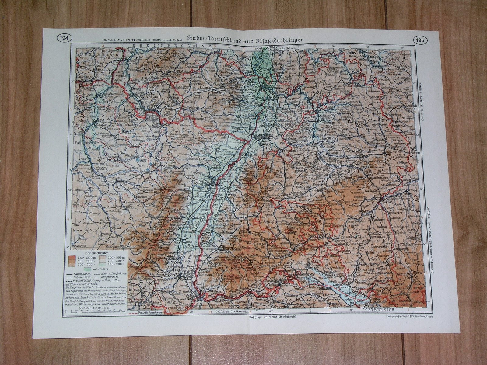 1938 ORIGINAL VINTAGE MAP OF BADEN-WÜRTTEMBERG ALSACE LORRAINE GERMANY FRANCE