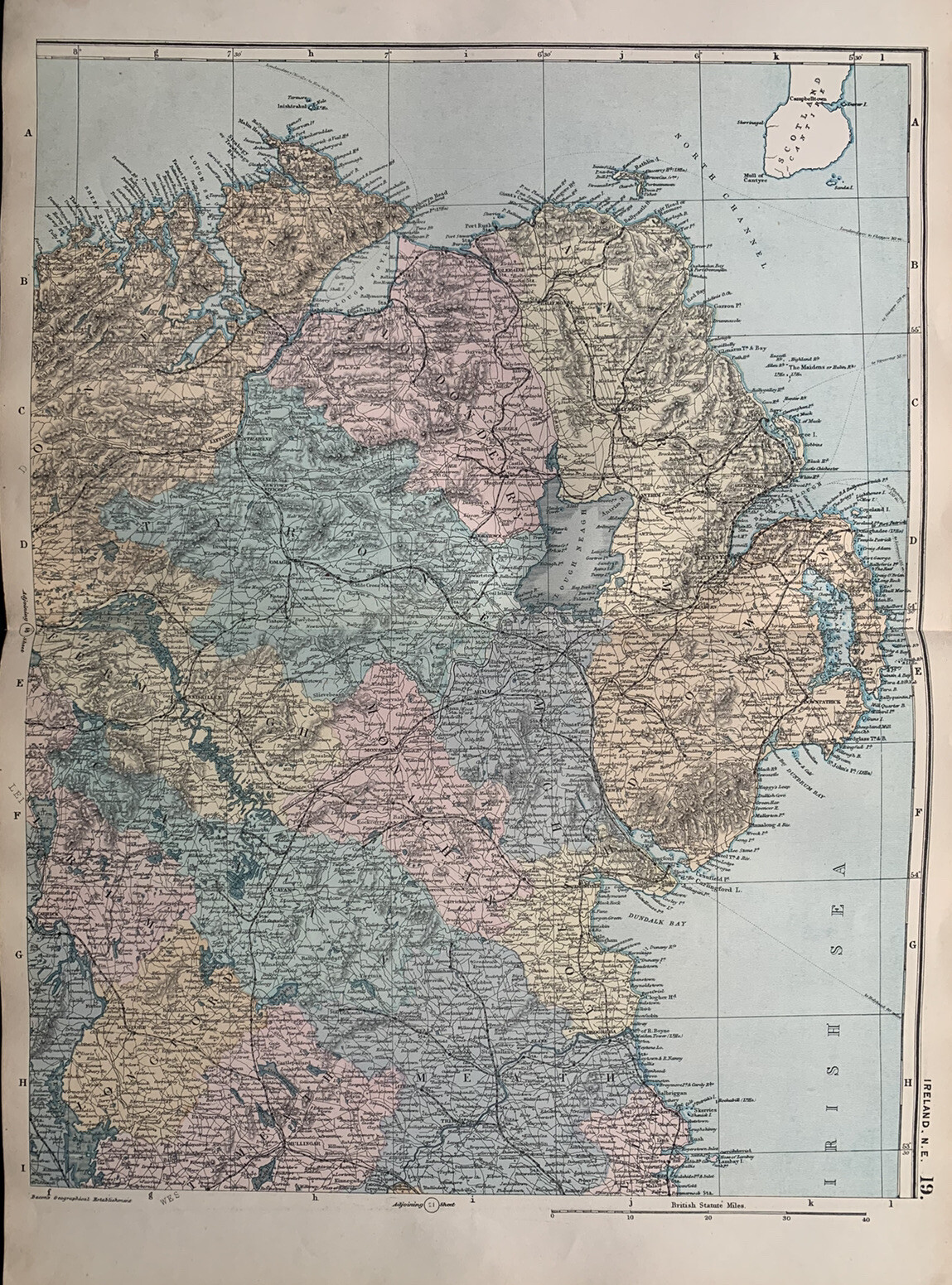 1891 North East Ireland Original Antique Hand Coloured Map by G.W. Bacon