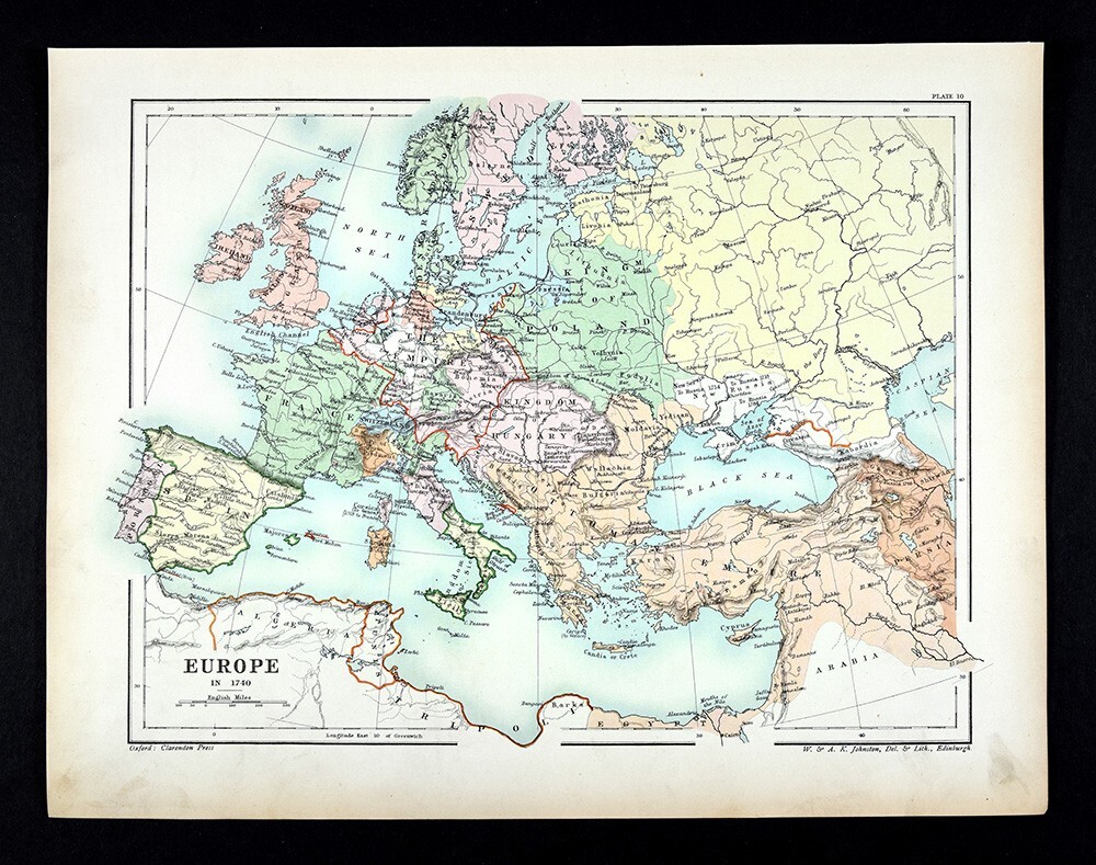 1902 Johnston Oxford Map Europe 1740 France Spain Italy Poland Ukraine France